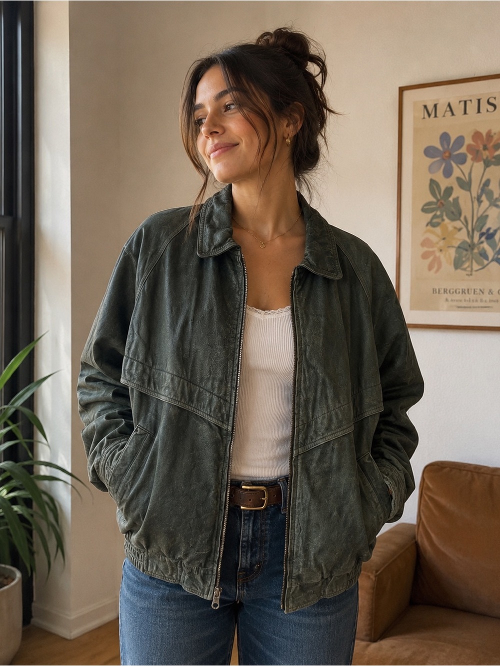 vintage dark green suede bomber jacket  unisex Leather Coat Jacket